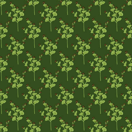 Botanic seamless pattern with green wildflowers shapes. Dark background. Floral botanic print. Graphic design for wrapping paper and fabric textures. Vector Illustration.のイラスト素材
