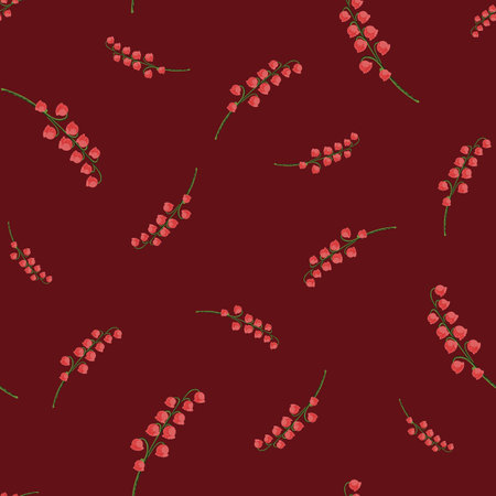 Pink random lily of the valley print seamless doodle pattern. Maroon dark background. Spring flowers backdrop. Stock illustration. Vector design for textile, fabric, giftwrap, wallpapers.のイラスト素材