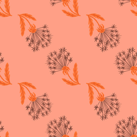 Natural seamless pattern with hand drawn dandelion flowers silhouettes print. Pink background. Great...