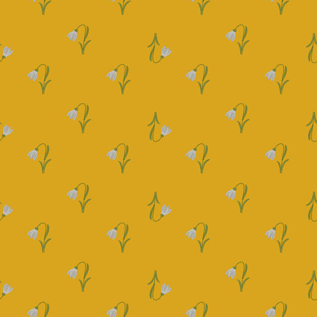 Little blue bell flowers ornament seamless pattern. Orange bright background. Natural floral backdrop. Flat vector print for textile, fabric, giftwrap, wallpapers. Endless illustration.のイラスト素材