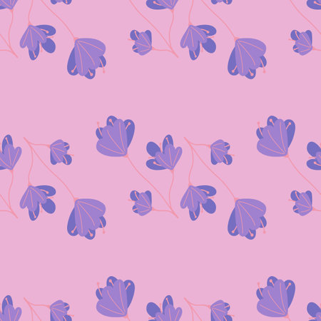 Spring season seamless pattern with purple abstract doodle flowers elements. Lilac background. Bloom print. Flat vector print for textile, fabric, giftwrap, wallpapers. Endless illustration.のイラスト素材