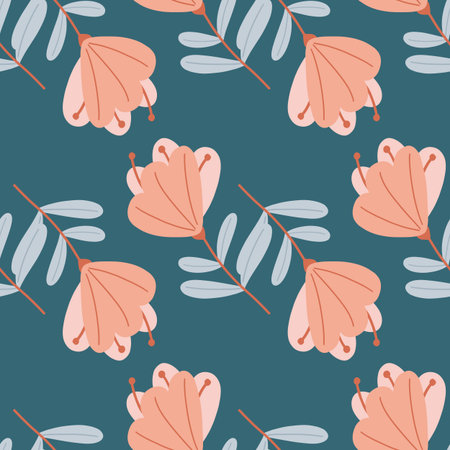Decorative seamless pattern with pink colored scribble flowers silhouettes print. Blue background....