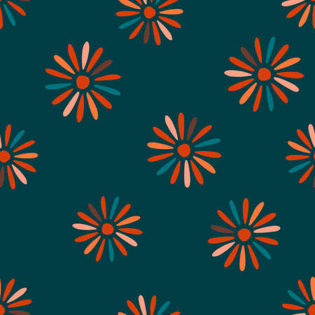Random red abstract daisy silhouettes seamless pattern. Nature backdrop. Navy blue dark background. Graphic design for wrapping paper and fabric textures. Vector Illustration.のイラスト素材