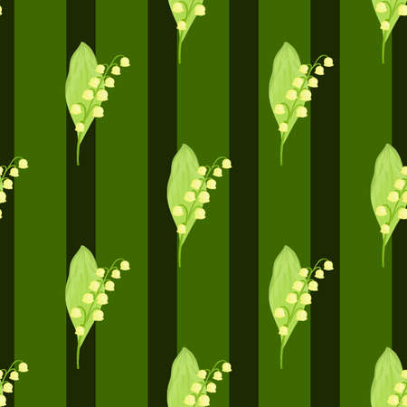 Hand drawn decorative seamless pattern with doodle lily of the valley print. Green striped background. Graphic design for wrapping paper and fabric textures. Vector Illustration.のイラスト素材