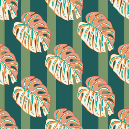 Pink hand drawn exotic monstera leaf silhouettes seamless pattern. Green striped background. Doodle print. Stock illustration. Vector design for textile, fabric, giftwrap, wallpapers.のイラスト素材
