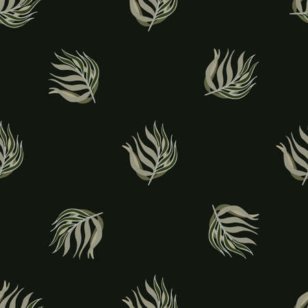Dark minimalistic seamless pattern with grey tropic leaves branches print. Black background. Simple style. Flat vector print for textile, fabric, giftwrap, wallpapers. Endless illustration.のイラスト素材