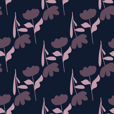 Bloom botanic seamless pattern with lilac abstract flower silhouettes. Navy blue background. Doodle style. Graphic design for wrapping paper and fabric textures. Vector Illustration.のイラスト素材