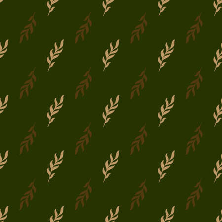 Beige and brown colored leaf branches silhouettes seamless pattern. Green background. Vintage backdrop. Graphic design for wrapping paper and fabric textures. Vector Illustration.のイラスト素材