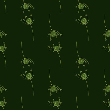 Field nature seamless doodle pattern with simple yarrow contoured shapes. Dark green background. Graphic design for wrapping paper and fabric textures. Vector Illustration.のイラスト素材