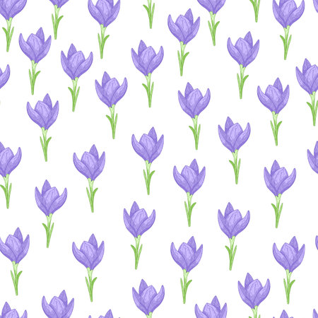 Seamless pattern with isolated blue crocus flowers little ornament. White background. Hand drawn floral backdrop. Flat vector print for textile, fabric, giftwrap, wallpapers. Endless illustration.のイラスト素材