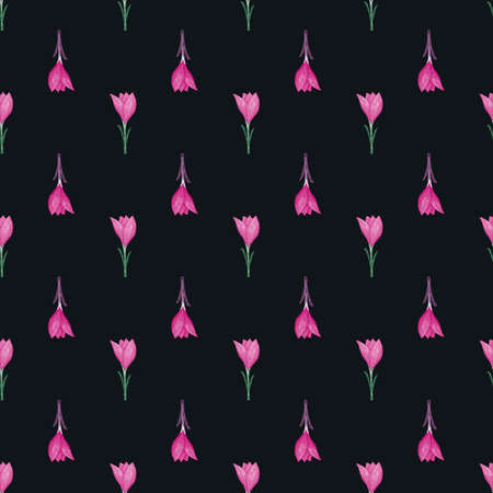 Contrast seamless pattern in doodle hand drawn style with pink crocus flowers on black background. Vector illustration for seasonal textile prints, fabric, banners, backdrops and wallpapers.のイラスト素材