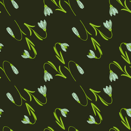 Green and blue colored bluebell seamless pattern in hand drawn style. Dark brown background. Floral backdrop. Stock illustration. Vector design for textile, fabric, giftwrap, wallpapers.のイラスト素材