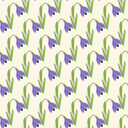Purple colored snowdrops natural seamless pattern in doodle style. Isolated flowers backdrop. Vector illustration for seasonal textile prints, fabric, banners, backdrops and wallpapers.のイラスト素材