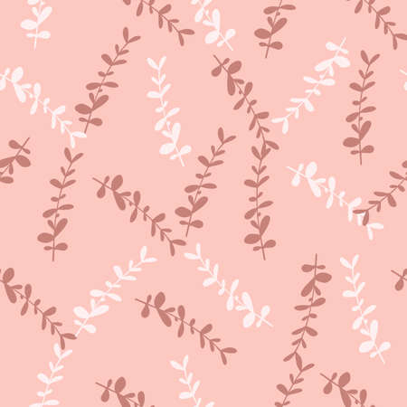 Random eucalyptus leaf branches seamless pattern. Hand drawn botanic style. Pink pastel background. Graphic design for wrapping paper and fabric textures. Vector Illustration.のイラスト素材