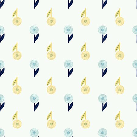 Botanic seamless isolated pattern with orange and blue colored geometric flowers print. White backround. Graphic design for wrapping paper and fabric textures. Vector Illustration.のイラスト素材