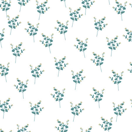 Isolated seamless pattern with little bright blue flowers silhouettes ornament. White background. Graphic design for wrapping paper and fabric textures. Vector Illustration.のイラスト素材