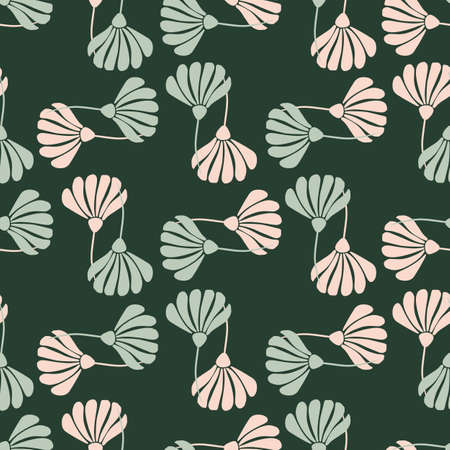 Geometric style seamless pattern with pink and blue colored flowers silhouettes on green background. Vector illustration for seasonal textile prints, fabric, banners, backdrops and wallpapers.のイラスト素材
