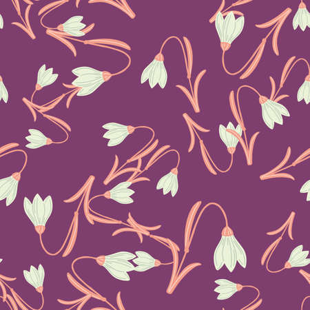 Abstract botanic seamless pattern with doodle harebell elements. Purple background. Random flowers backdrop. Flat vector print for textile, fabric, giftwrap, wallpapers. Endless illustration.のイラスト素材