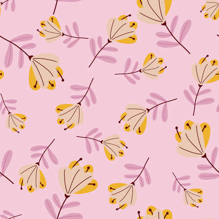 Orange colored simple flowers silhouettes seamless pattern. Lilac background. Bloom scrapbook backdrop. Stock illustration. Vector design for textile, fabric, giftwrap, wallpapers.のイラスト素材