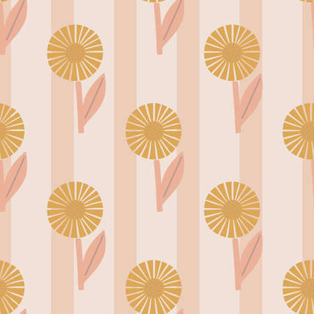 Beige geometric flowers silhouettes seamless pattern. Doodle elements on pink pastel striped background. Graphic design for wrapping paper and fabric textures. Vector Illustration.のイラスト素材