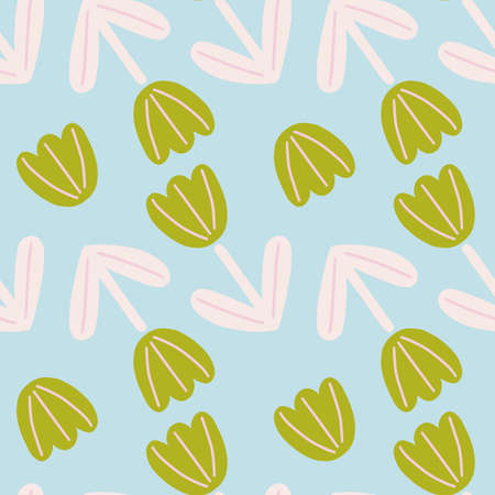Doodle seamless pattern with green abstract tulip flower shapes. Blue background. Hand drawn style. Flat vector print for textile, fabric, giftwrap, wallpapers. Endless illustration.のイラスト素材