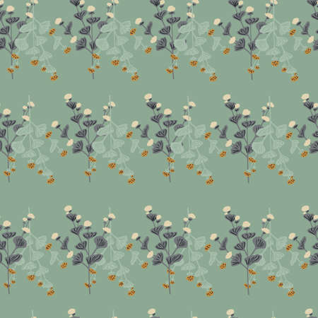 Vintage seamless pattern with doodle blossom ornament. Turquoise and green pastel background palette. Graphic design for wrapping paper and fabric textures. Vector Illustration.のイラスト素材