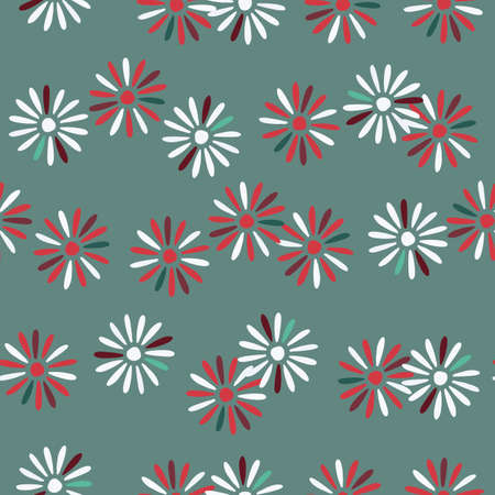 Seamless pattern spring season random abstract daisy flowers ornament. Turquoise background. Graphic design for wrapping paper and fabric textures. Vector Illustration.のイラスト素材