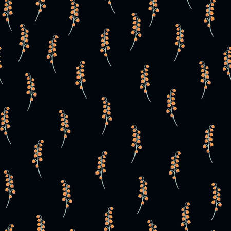 Contrast seamless pattern with pink colored lily of the valley silhouettes. Black background. Wild flowers artwork. Stock illustration. Vector design for textile, fabric, giftwrap, wallpapers.のイラスト素材
