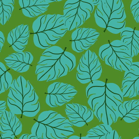 Bright turquoise random palm monstera leaf ornament seamless pattern. Bright green background. Graphic design for wrapping paper and fabric textures. Vector Illustration.のイラスト素材