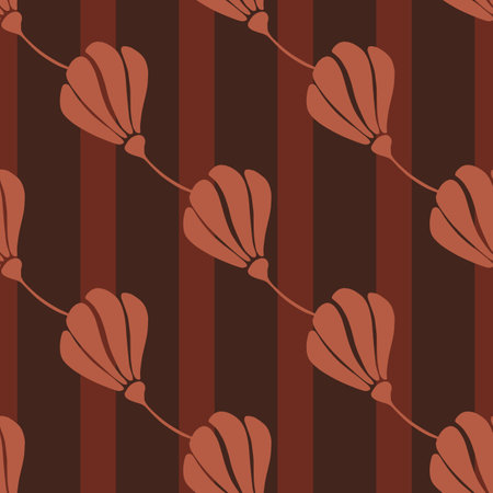 Vintage abstract flowers silhouettes print seamless doodle pattern. Striped maroon dark background. Vector illustration for seasonal textile prints, fabric, banners, backdrops and wallpapers.のイラスト素材