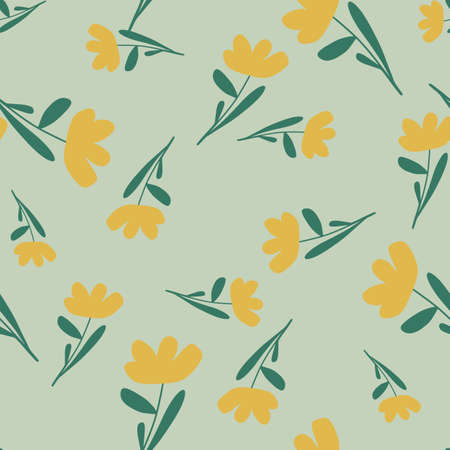 Spring season seamless pattern with hand drawn yellow flowers shapes. Blue pastel background. Graphic design for wrapping paper and fabric textures. Vector Illustration.のイラスト素材