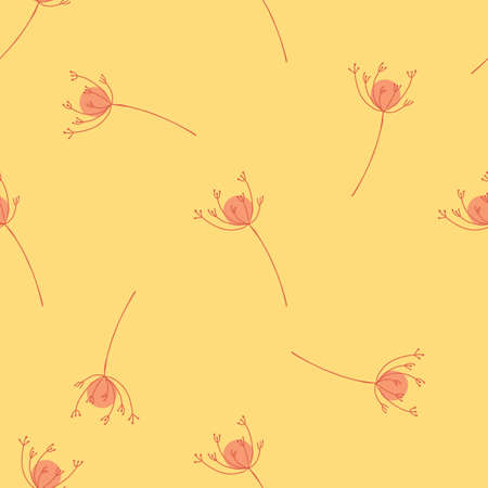 Pink random yarrow flowers silhouettes seamless pattern in doodle style. Light orange background. Graphic design for wrapping paper and fabric textures. Vector Illustration.のイラスト素材