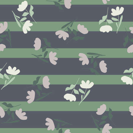 Wildflowers nature seamless pattern with flower ditsy random ornament. Green and purple striped background. Graphic design for wrapping paper and fabric textures. Vector Illustration.のイラスト素材