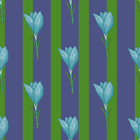 Nature seamless abstract style pattern with blue crocus flower shapes on stiped green background. Vector illustration for seasonal textile prints, fabric, banners, backdrops and wallpapers.のイラスト素材
