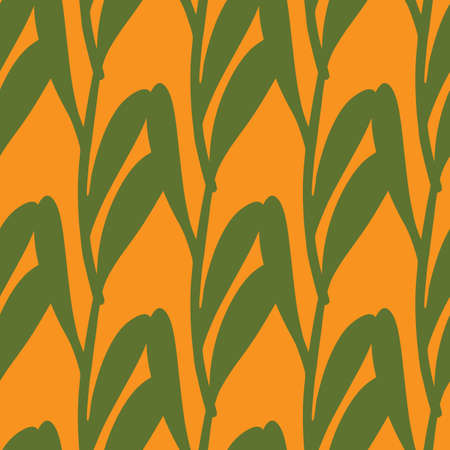 Abstract floral seamless pattern with botanic green leaf branches silhouettes. Orange background. Vector illustration for seasonal textile prints, fabric, banners, backdrops and wallpapers.のイラスト素材