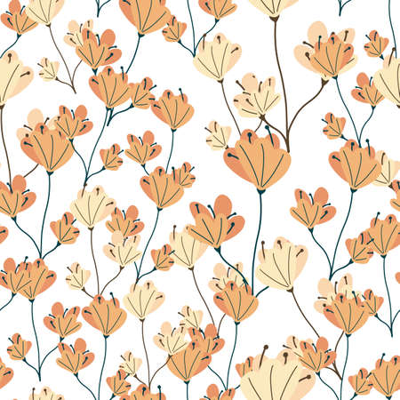 Spring nature seamless pattern with orange random doodle flowers elements. White background. Simple print. Flat vector print for textile, fabric, giftwrap, wallpapers. Endless illustration.のイラスト素材