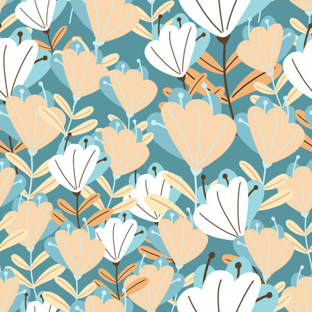 Light pink doodle flowers elements seamless doodle pattern. Blue background. Abstract random...