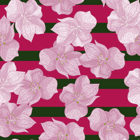 Hand drawn seamless doodle pattern with random pink outline flower elements. Striped black background. Graphic design for wrapping paper and fabric textures. Vector Illustration.のイラスト素材
