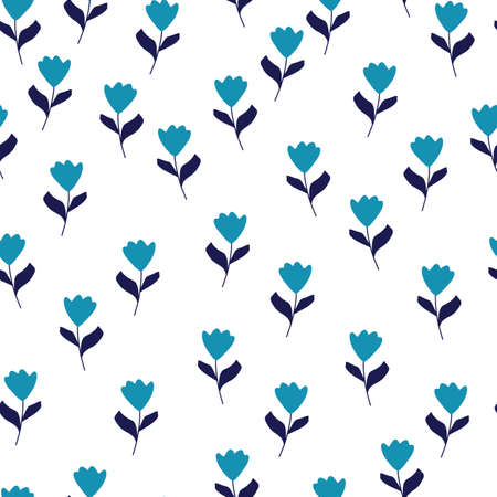 Isolated seamless pattern with bright blue little random simple tulip flowers elements. White background. Graphic design for wrapping paper and fabric textures. Vector Illustration.のイラスト素材