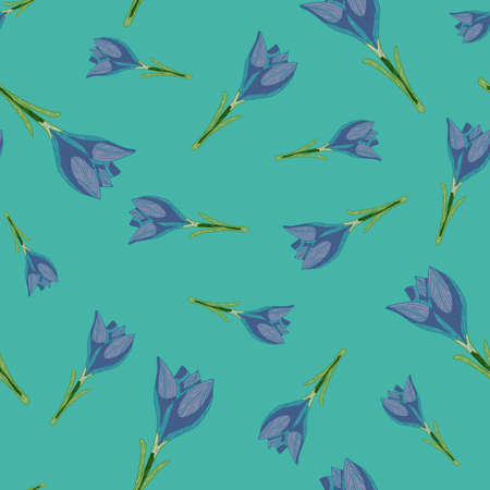 Random blue crocus outline flowers elements seamless pattern. Turquoise background. Floral backdrop. Vector illustration for seasonal textile prints, fabric, banners, backdrops and wallpapers.のイラスト素材