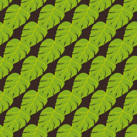 Bright green natural organic seamless pattern with exotic monstera palm leaves. Brown dark background. Stock illustration.のイラスト素材