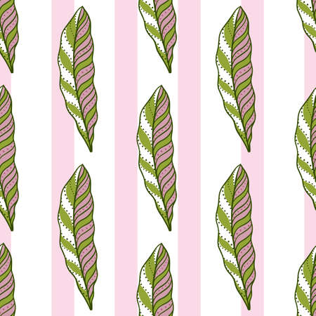 Pink and green colored ornamental feather seamless pattern. Abstract style isolated backdrop. Stock illustration. Vector design for textile, fabric, gift wrap, wallpapers.のイラスト素材