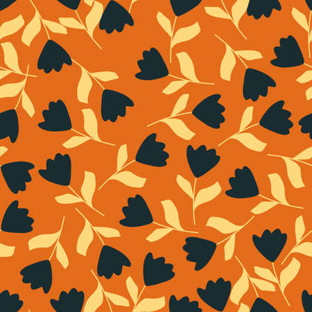 Navy blue random simple flowers tulip ornament seamless pattern. Bright orange background. Creative print. Graphic design for wrapping paper and fabric textures. Vector Illustration.のイラスト素材