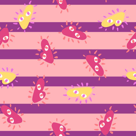 Childish random seamless pattern with pink and yellow abstract heart ornament. Purple striped background. Stock illustration. Vector design for textile, fabric, gift wrap, wallpapers.のイラスト素材