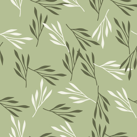 Spring season seamless pattern with random hand drawn leaf branches ornament. Light green background. Vector illustration for seasonal textile prints, fabric, banners, backdrops and wallpapers.のイラスト素材