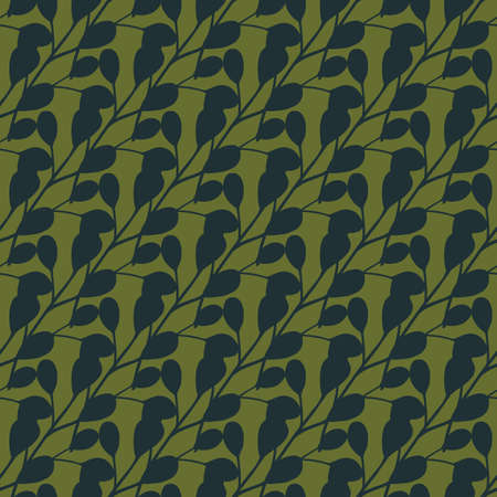 Dark abstract white eucalyptus elements seamless doodle pattern. Green olive background. Hand drawn style. Designed for fabric design, textile print, wrapping, cover. Vector illustration.のイラスト素材