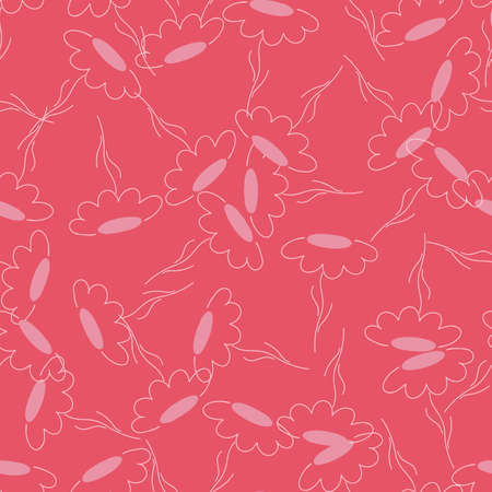 Hand drawn outline random flowers chamomile seamless pattern. Bright pink background. Simple style. Perfect for fabric design, textile print, wrapping, cover. Vector illustration.のイラスト素材