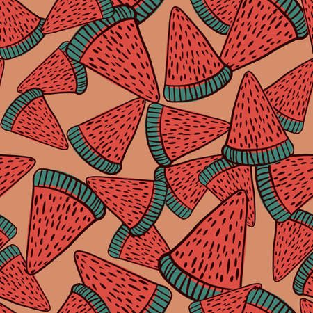 Organic seamless pattern with random red watermelon slice elements. Pink background. Doodle ornament. Graphic design for wrapping paper and fabric textures. Vector Illustration.のイラスト素材