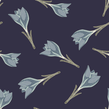 Random seamless nature pattern with simple crocus flower shapes. Blue palette artwork. Floral backdrop. Vector illustration for seasonal textile prints, fabric, banners, backdrops and wallpapers.のイラスト素材