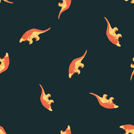 Contrast style seamless random pattern with orange and pink colored dinosaurs print. Navy blue background. Stock illustration. Vector design for textile, fabric, gift wrap, wallpapers.のイラスト素材
